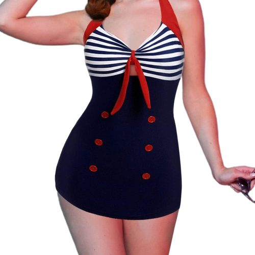 Womens One Piece Swimsuits Vintage Striped Skirt Bathing Suit Vintage Retro Push Up Swimwear