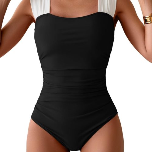 Womens One Piece Swimsuit Retro Square Neck Tummy Control Bathing Suits Ruched Modest Full Coverage Swimwear