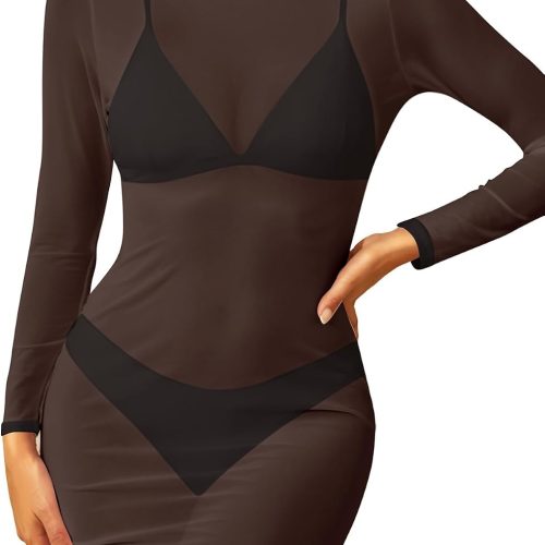 Women's Sexy Sheer Mesh Swimsuit Cover up with Long Sleeves Beach Dress Bodycon Style