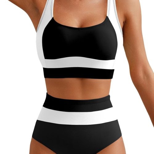 Women 2 Piece High Waisted Bikini Sets Colorblock Sporty Swimsuits Wide Straps Bathing Suit 2026 Summer Swimwear