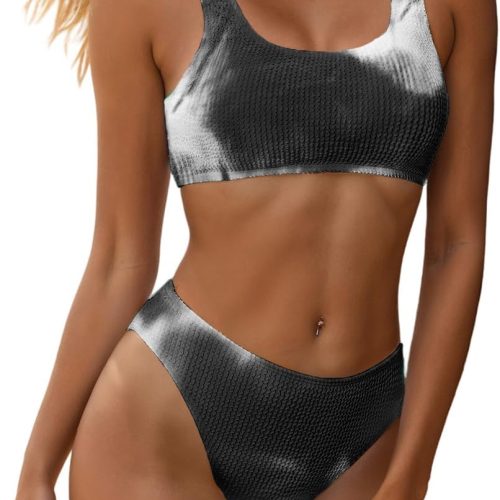 Women's Ribbed Two Piece Bikini Sets Wide Shoulder Strap Top Swimsuit with Mid Waist Cheeky Bathing Suit