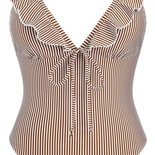 Vintage Striped Ruffles Trim Tied Plunging Neck One-Piece Swimsuit