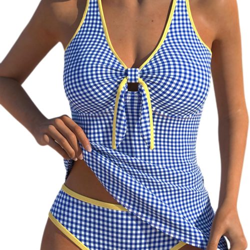 Contrast Binding Tankini Swimsuits for Women, Two Piece Cute Bathing Suits, Bowknot Top with Mid Rise Briefs