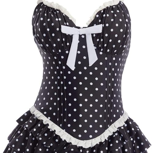 Women One Piece Swimsuits 90's Vintage Retro Princess-Style Black Polka-dot Tummy Control Bathing Suit