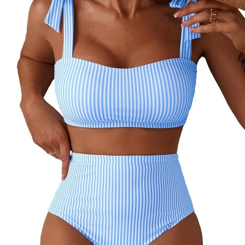Women's Tie Shoulder Bikini Sets 2 Piece Striped Swimsuits High Waisted Bathing Suits