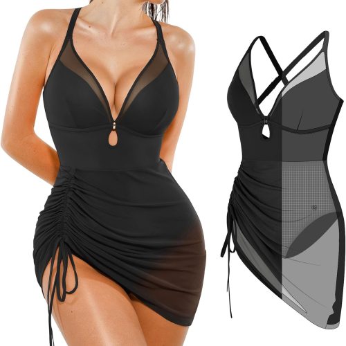 Swim Dress for Women One Piece Swimsuits Tummy Control Slimming Mesh Sheer Sarong Wraps Bathing Suits