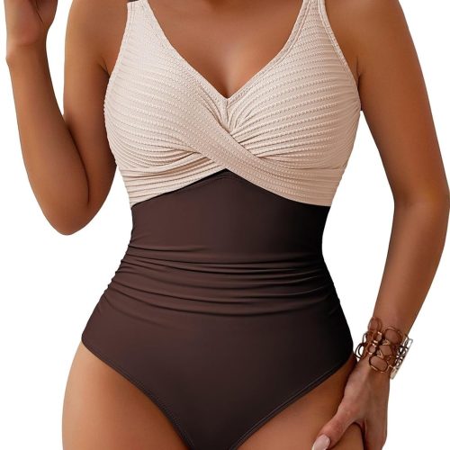 Women One Piece Swimsuit 2026 Patchwork Twist Front V Neck Ruched Tummy Control Swimwear Bathing Suits
