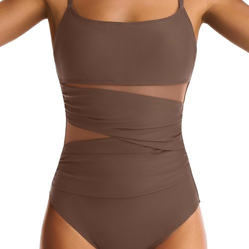 One Piece Swimsuit for Women Tummy Control Mesh Bathing Suits Sexy Push Up Swimsuits Slimming Square Neck Swimwear