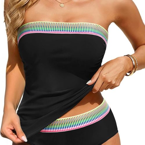 Bandeau Tankini Swimsuits for Women - Two Piece Ruched Tummy Control Bathing Suit Strapless Swimwear with Bottom