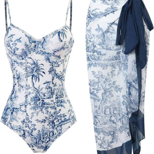 Women Retro Deep Plunging One Piece Monokini Swimwear with Sarong 2 pcs Set