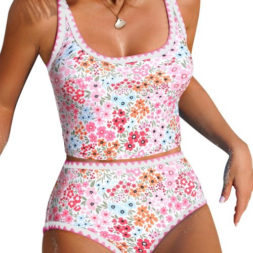 Tankini Swimsuit Tummy Control Bathing Suits Two Piece Swim Top with High Waisted Bottom