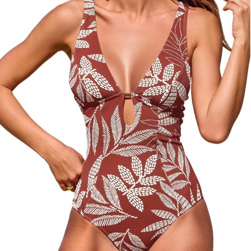 Women's One Piece Swimsuit Deep V Neck Keyhole Cutout O Ring Textured Bathing Suit