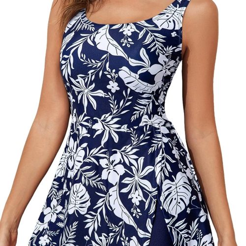 One Piece Swimdress Swimsuit for Women Tummy Control Split Swim Dress Skirt Bathing Suit with Pockets