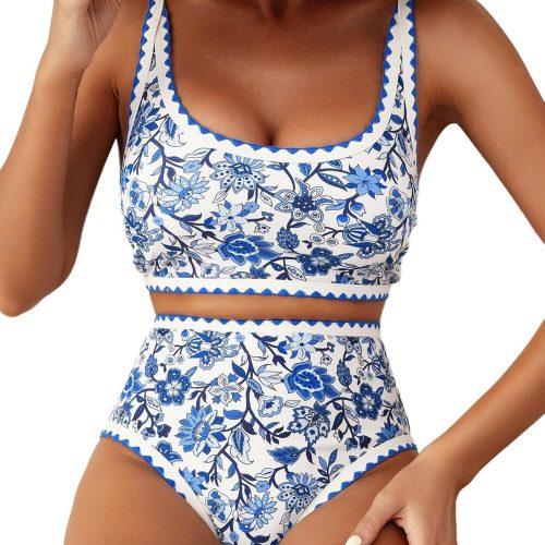Women's Bikini Sets Floral Print Whip Stitch 2 Piece Swimsuits High Waisted Scoop Bathing Suits