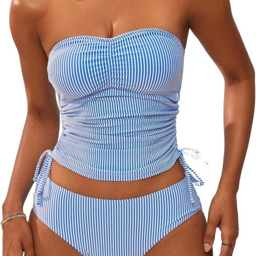 Women's Bandeau Tankini Swimsuit Asymmetrical Slit Bowknot String High Cut Fairyland Cheeky Bathing Suit
