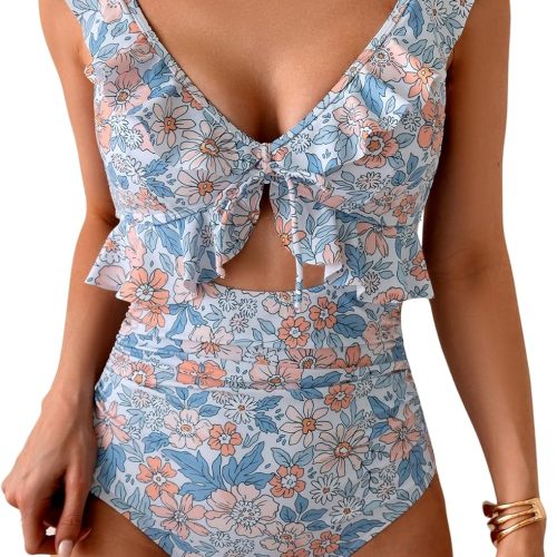 One Piece Swimsuit for Women Tummy Control Ruffle Bathing Suit V Neck Ruched Swim Suit Slimming Cutout Swimwear