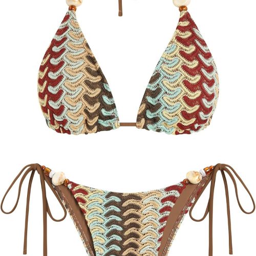 Women's Bikini Sets Beads Triangle Swimsuits 2 Piece String High Cut Cheeky Bathing Suits